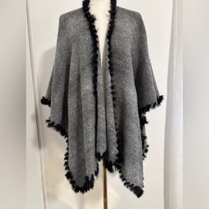 Gray Shawl Wool Mohair Blend Black Fur Accent One Size SKU 18